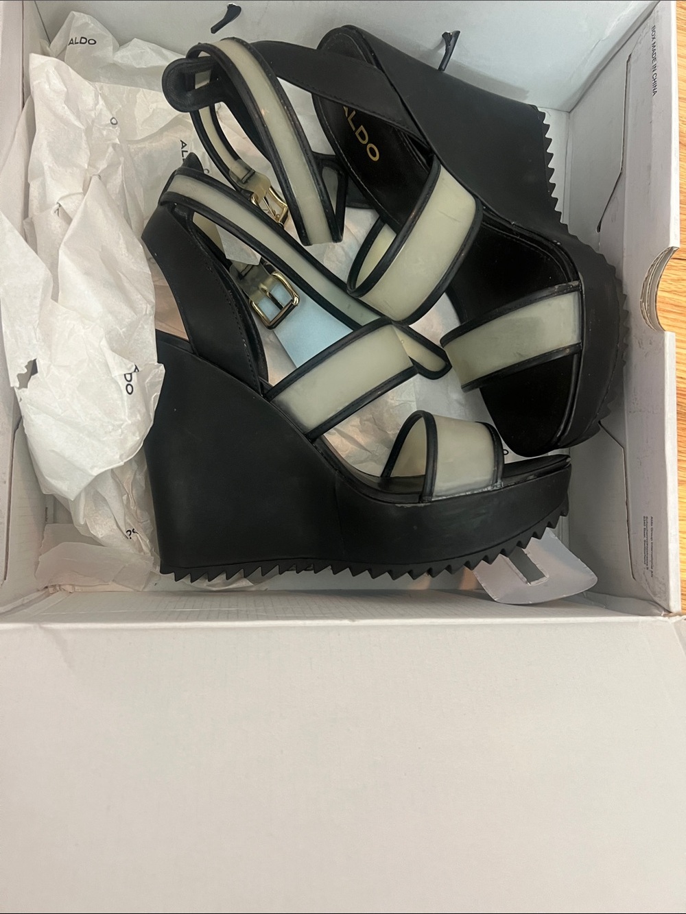 Aldo Black and Cream Platform Wedge Sandals